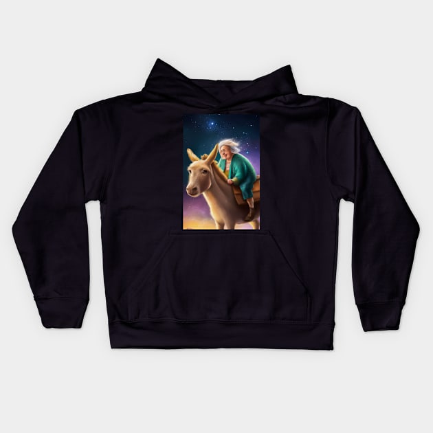 Old Woman Riding a Donkey Under Stary Skies Greeting Card Kids Hoodie by JohnCorney